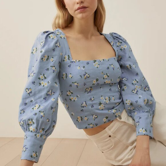 Reformation Stilton Linen Top - Mineral Daisy Embroidery - Picture 1 of 13